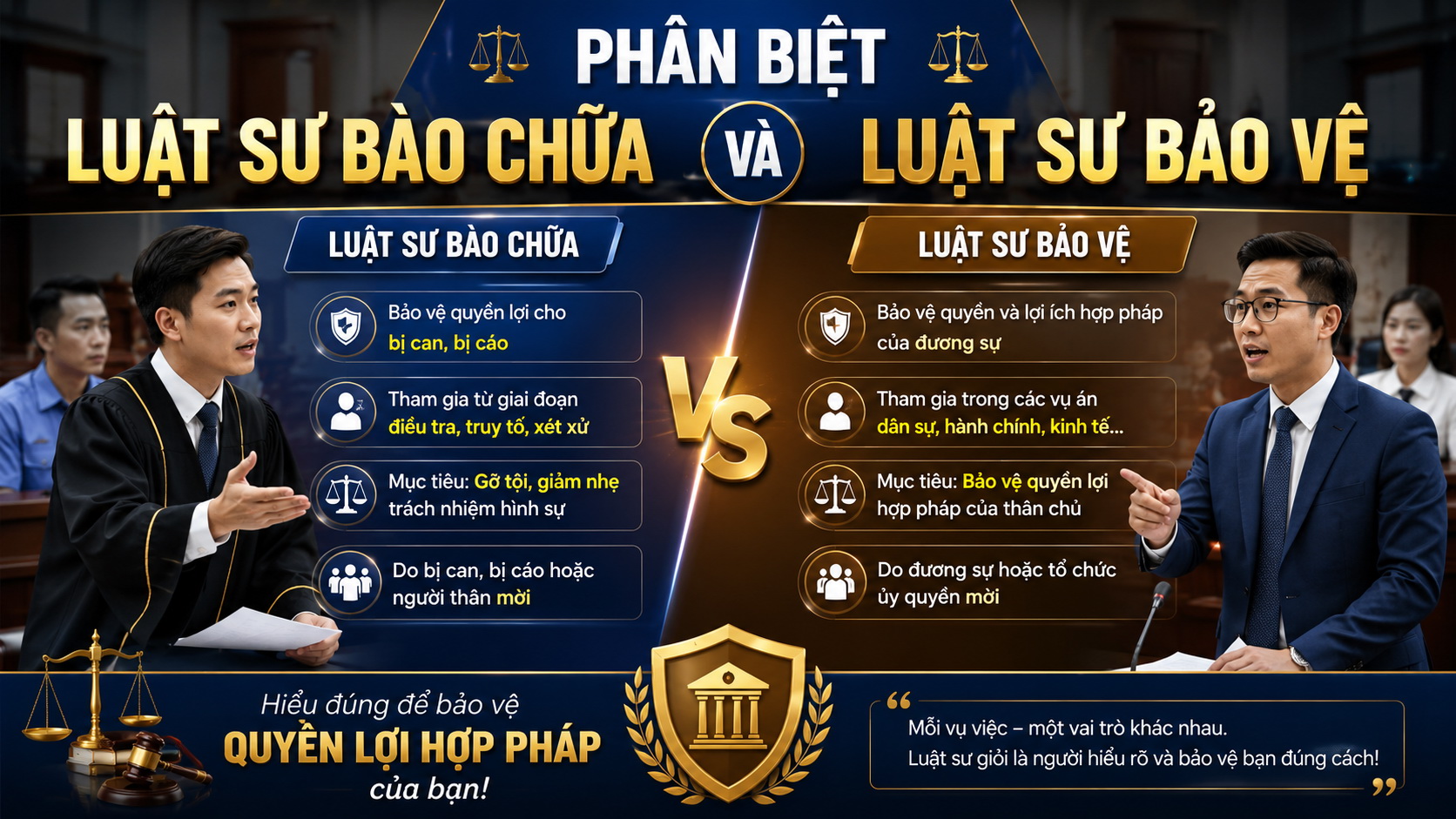 Sự khác biệt giữa Luật sư bào chữa và Luật sư bảo vệ